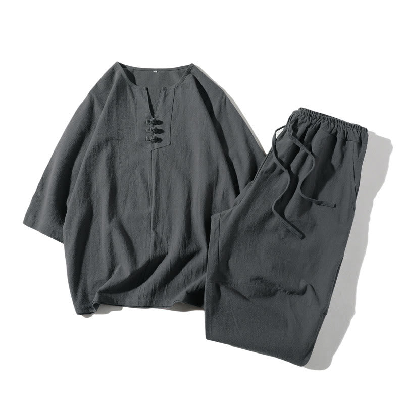 Conjunto de ropa de meditación para hombre Buddha Stones de 2 piezas: camiseta lisa con cuello con muescas y pantalones cortos de pierna ancha con bolsillos. - Gris pizarra - US/UK/AU46, EU56 (5XL) - image 0