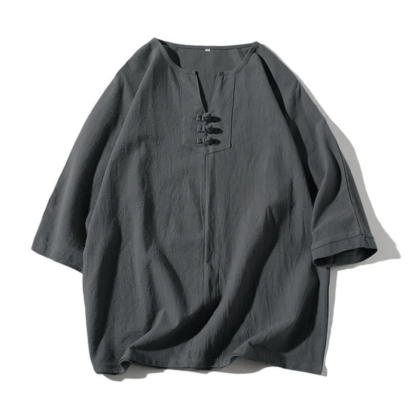 Conjunto de ropa de meditación para hombre Buddha Stones de 2 piezas: camiseta lisa con cuello con muescas y pantalones cortos de pierna ancha con bolsillos. - image 1