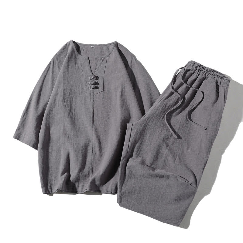 Conjunto de ropa de meditación para hombre Buddha Stones de 2 piezas: camiseta lisa con cuello con muescas y pantalones cortos de pierna ancha con bolsillos. - Plata - US/UK/AU46, EU56 (5XL) - image 20
