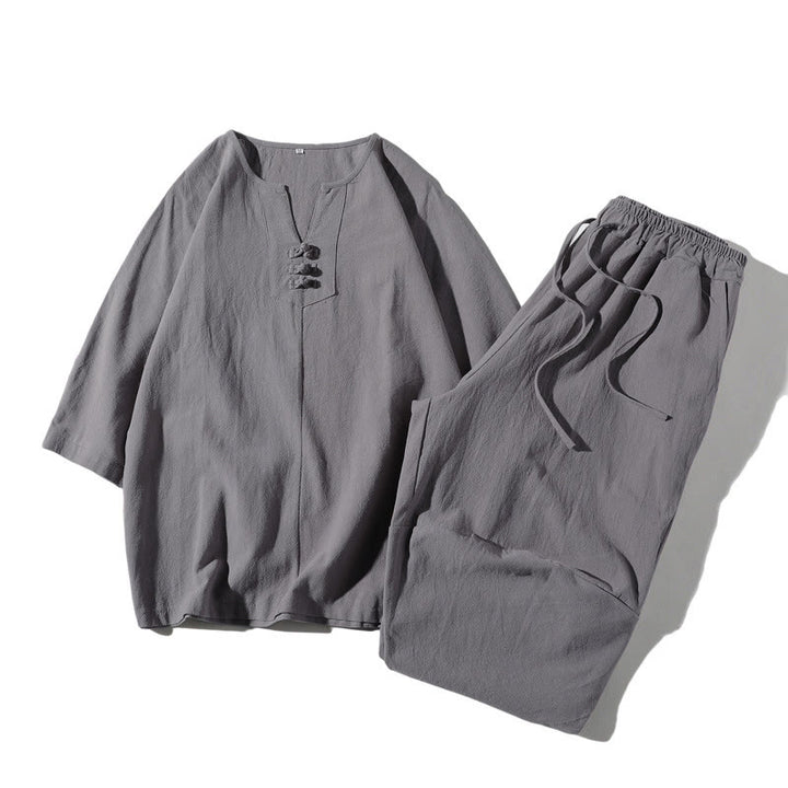 Conjunto de ropa de meditación para hombre Buddha Stones de 2 piezas: camiseta lisa con cuello con muescas y pantalones cortos de pierna ancha con bolsillos. - Plata - US/UK/AU46, EU56 (5XL) - image 20