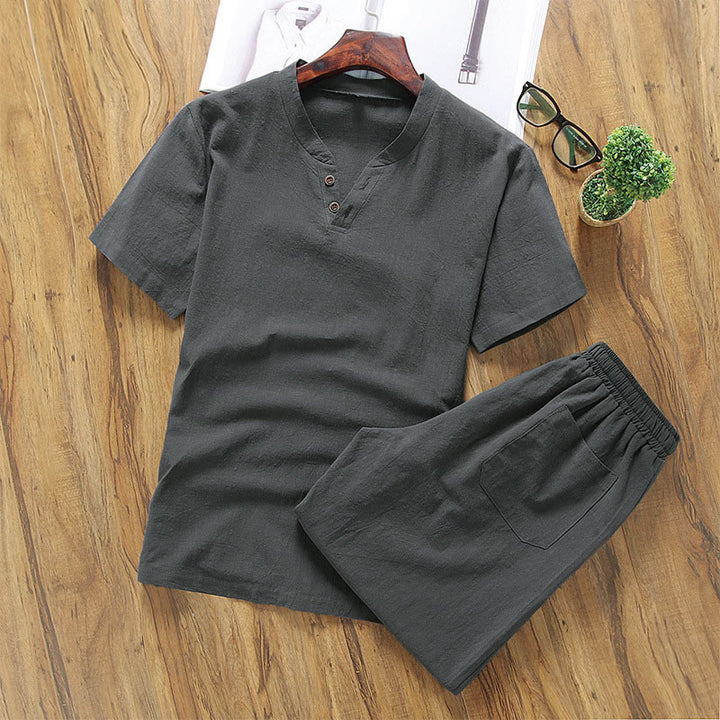 Conjunto informal de 2 piezas para hombre con estampado de Buddha Stones : camiseta de manga corta lisa con bolsillos, ideal para meditación. - Gris oscuro - US/UK/AU46, EU56 (5XL) - image 5