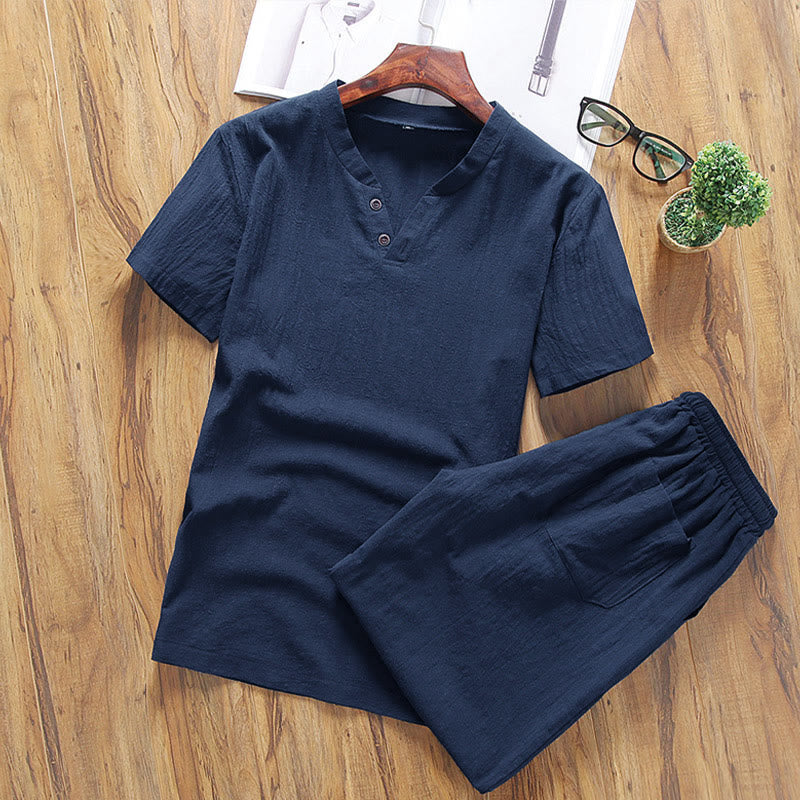 Conjunto informal de 2 piezas Buddha Stones : camiseta de manga corta lisa con bolsillos, de algodón y lino, para hombre, ideal para meditación. - Azul medianoche - US/UK/AU46, EU56 (5XL) - image 7