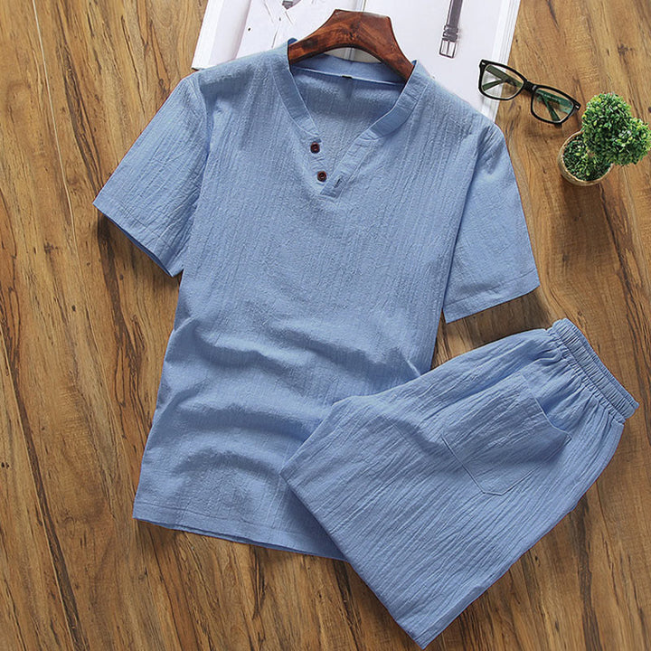 Conjunto informal de 2 piezas para hombre con estampado de Buddha Stones : camiseta de manga corta lisa con bolsillos, ideal para meditación. - Azul cielo profundo - US/UK/AU46, EU56 (5XL) - image 8