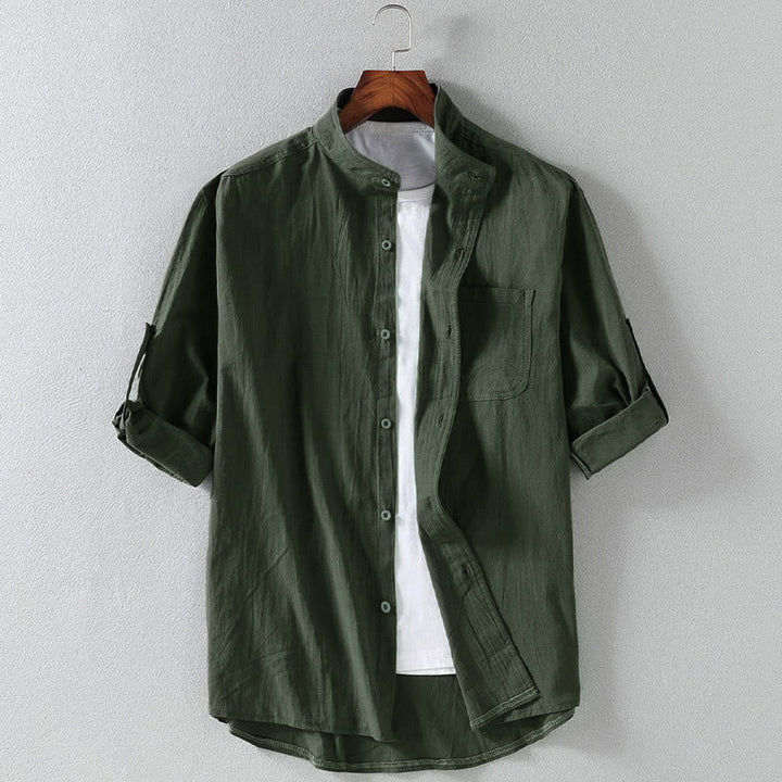 Camisa de hombre de manga tres cuartos, estilo casual vintage, con estampado de Buddha Stones y un solo botón. - Verde oscuro - US/UK/AU46, EU56 (5XL) - image 0