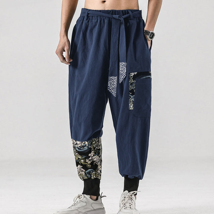 Pantalones harem para hombre con cordones y bolsillos, estampado de Buddha Stones y olas del océano. - image 34