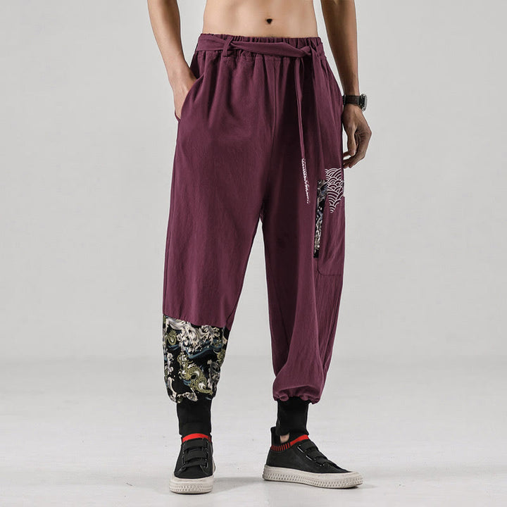 Pantalones harem para hombre con cordones y bolsillos, estampado de Buddha Stones y olas del océano. - Rojo indio - US/UK/AU46, EU56 (5XL)  - image 13
