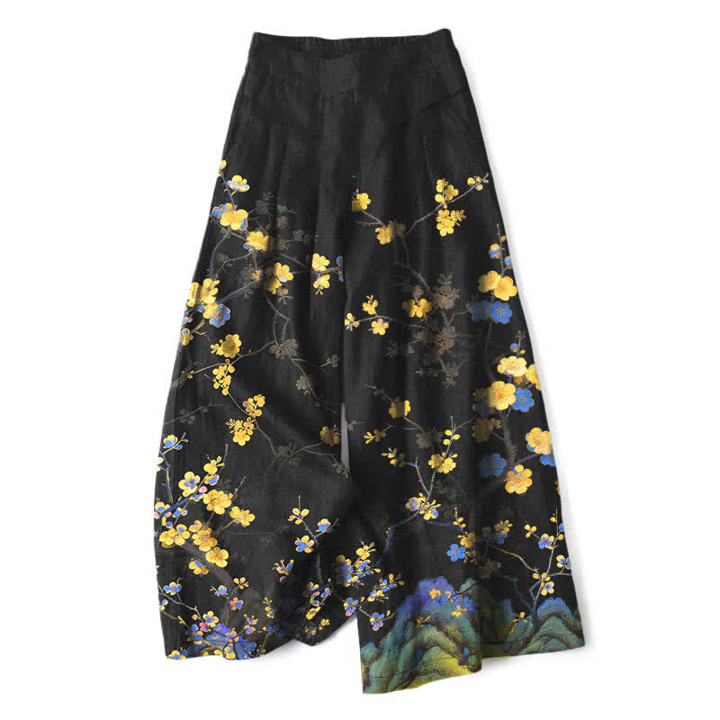 Buddha Stones Pantalones de mujer de algodón y lino con estampado floral amarillo vintage, cintura elástica y pernera ancha con bolsillos. - Negro - US16，UK/AU20，EU48 (3XL) - image 0