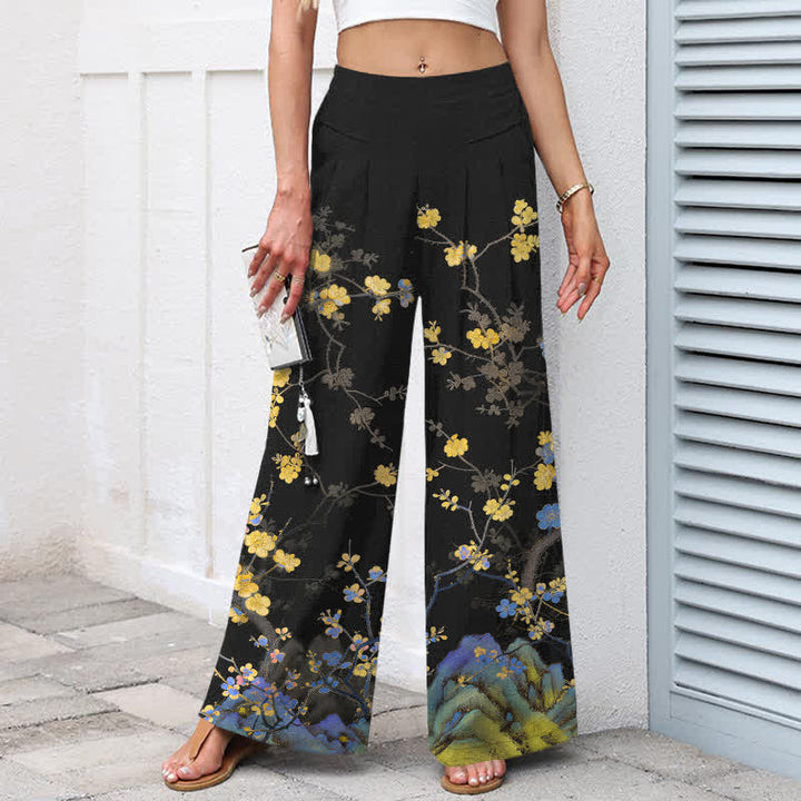 Buddha Stones Pantalones de mujer de algodón y lino con estampado floral amarillo vintage, cintura elástica y pernera ancha con bolsillos. - image 1