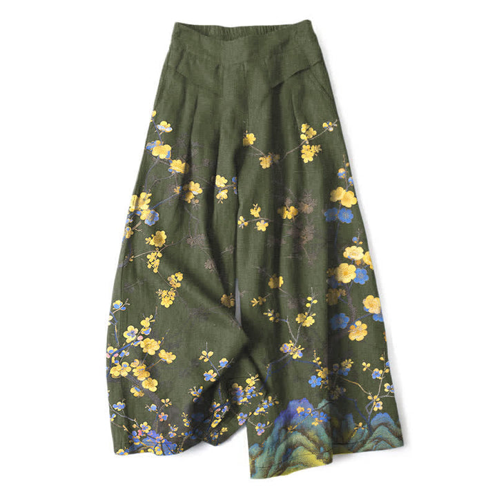 Buddha Stones Pantalones de mujer de algodón y lino con estampado floral amarillo vintage, cintura elástica y pernera ancha con bolsillos. - Verde oliva oscuro - US16，UK/AU20，EU48 (3XL) - image 4