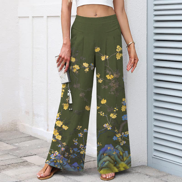 Buddha Stones Pantalones de mujer de algodón y lino con estampado floral amarillo vintage, cintura elástica y pernera ancha con bolsillos. - image 5