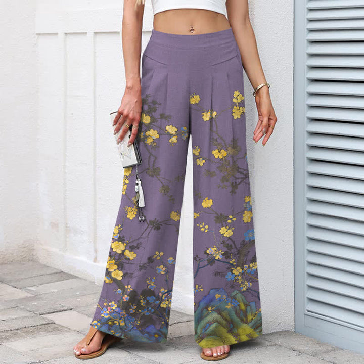 Buddha Stones Pantalones de mujer de algodón y lino con estampado floral amarillo vintage, cintura elástica y pernera ancha con bolsillos. - image 7
