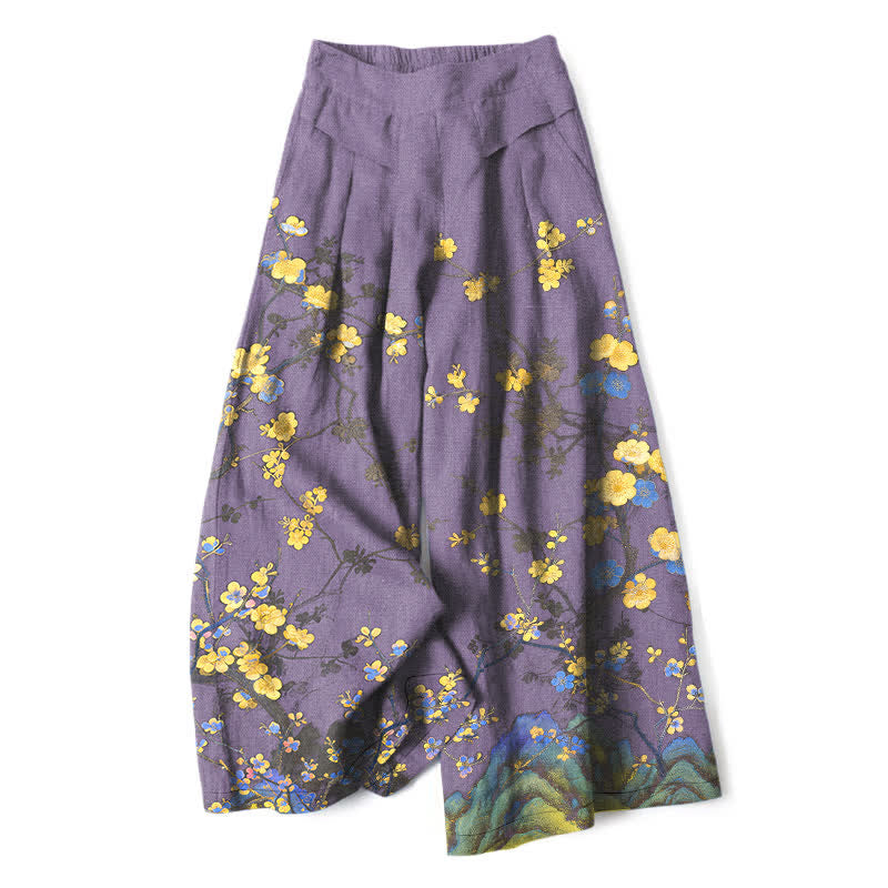 Buddha Stones Pantalones de mujer de algodón y lino con estampado floral amarillo vintage, cintura elástica y pernera ancha con bolsillos. - Morado medio - US16，UK/AU20，EU48 (3XL) - image 6
