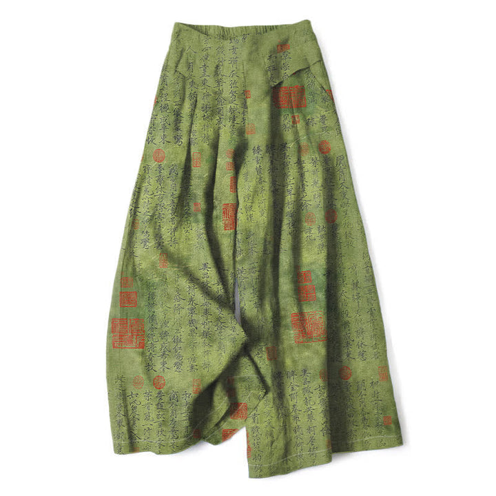 Buddha Stones Pantalones de mujer de lino y algodón con estampado vintage de escritura, cintura elástica y pernera ancha con bolsillos. - Verde oliva - US16，UK/AU20，EU48 (3XL) - image 0