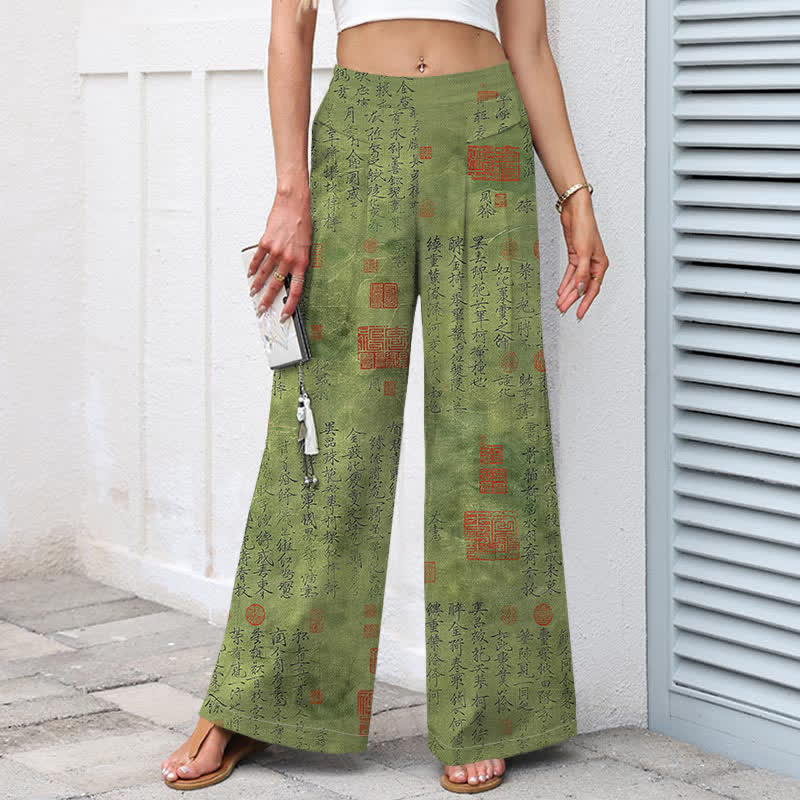Buddha Stones Pantalones de mujer de lino y algodón con estampado vintage de escritura, cintura elástica y pernera ancha con bolsillos. - image 1