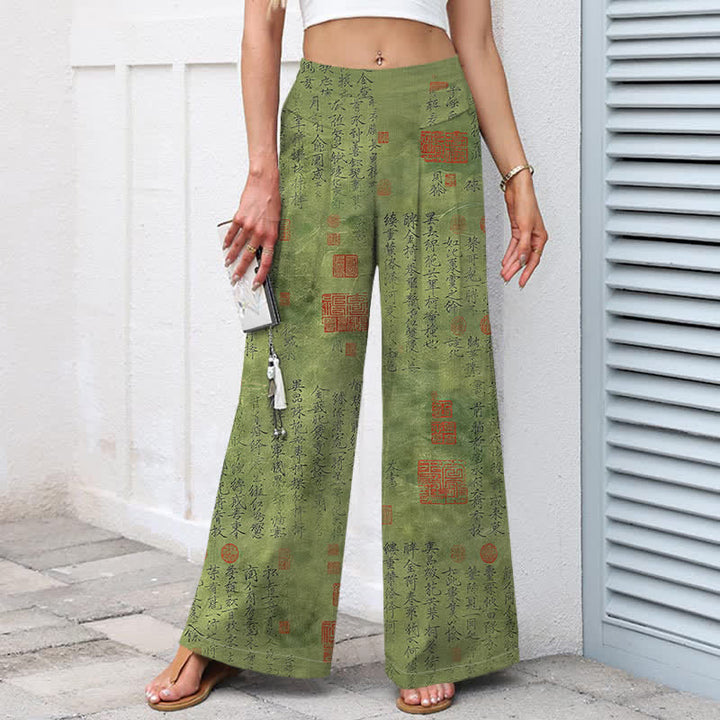 Buddha Stones Pantalones de mujer de lino y algodón con estampado vintage de escritura, cintura elástica y pernera ancha con bolsillos. - image 1