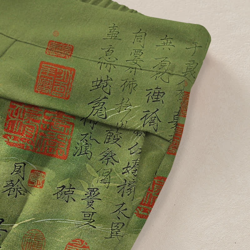 Buddha Stones Pantalones de mujer de lino y algodón con estampado vintage de escritura, cintura elástica y pernera ancha con bolsillos. - image 2