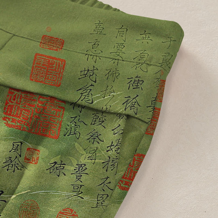 Buddha Stones Pantalones de mujer de lino y algodón con estampado vintage de escritura, cintura elástica y pernera ancha con bolsillos. - image 2