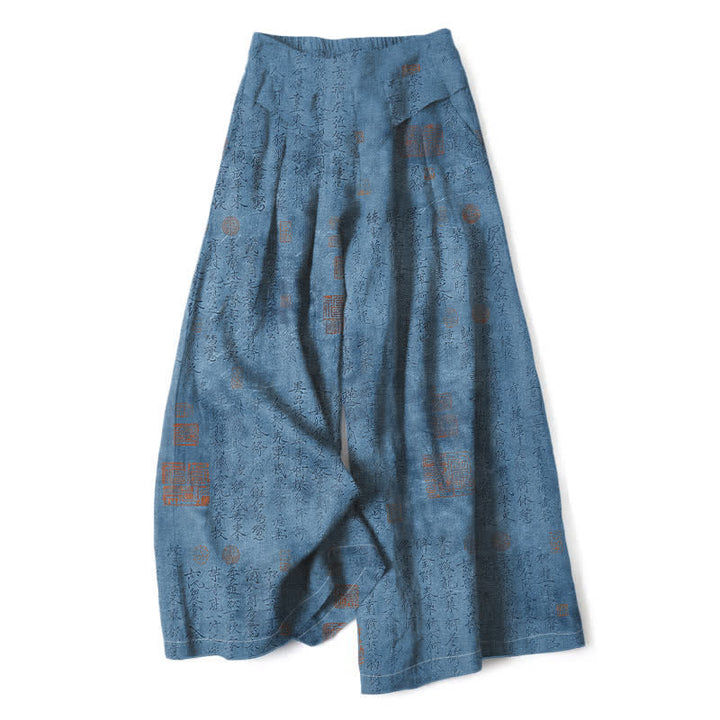 Buddha Stones Pantalones de mujer de lino y algodón con estampado vintage de escritura, cintura elástica y pernera ancha con bolsillos. - Azul acero - US16，UK/AU20，EU48 (3XL) - image 6