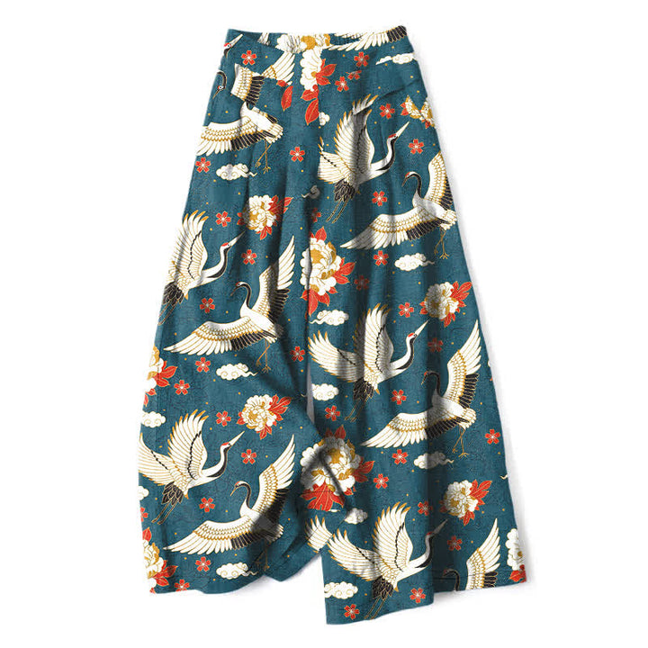 Buddha Stones Pantalones de mujer de lino y algodón con estampado de grullas y flores, cintura elástica, pernera ancha y bolsillos. - Verde azulado - US16，UK/AU20，EU48 (3XL) - image 0