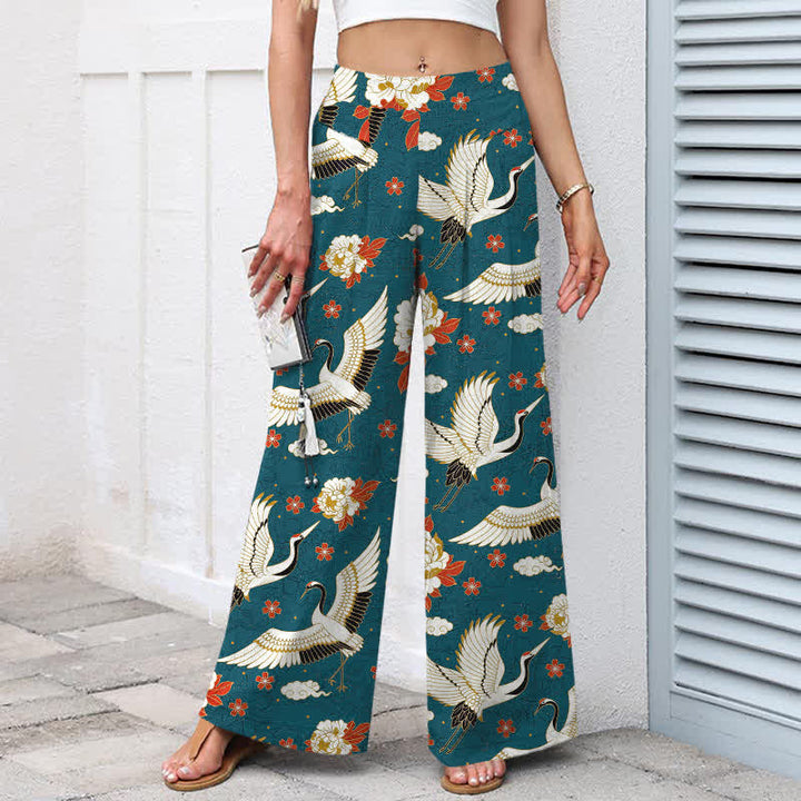 Buddha Stones Pantalones de mujer de lino y algodón con estampado de grullas y flores, cintura elástica, pernera ancha y bolsillos. - image 1