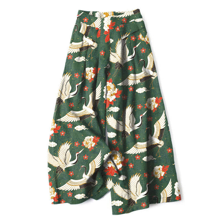 Buddha Stones Pantalones de mujer de lino y algodón con estampado de grullas y flores, cintura elástica, pernera ancha y bolsillos. - Verde oliva oscuro - US16，UK/AU20，EU48 (3XL) - image 4