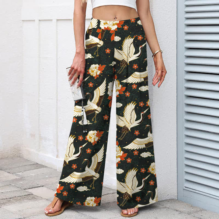 Buddha Stones Pantalones de mujer de lino y algodón con estampado de grullas y flores, cintura elástica, pernera ancha y bolsillos. - image 7