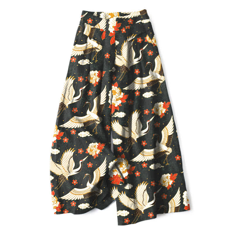 Buddha Stones Pantalones de mujer de lino y algodón con estampado de grullas y flores, cintura elástica, pernera ancha y bolsillos. - Negro - US16，UK/AU20，EU48 (3XL) - image 6