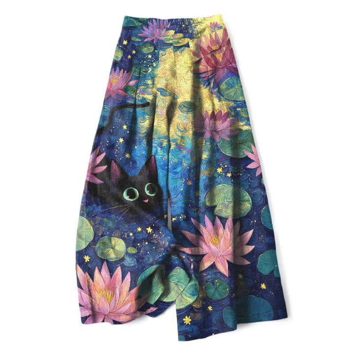 Buddha Stones Pantalones de mujer de lino y algodón con estampado floral celestial, gato y loto, cintura elástica, pernera ancha y bolsillos. - Marina de guerra - US16，UK/AU20，EU48 (3XL) - image 0