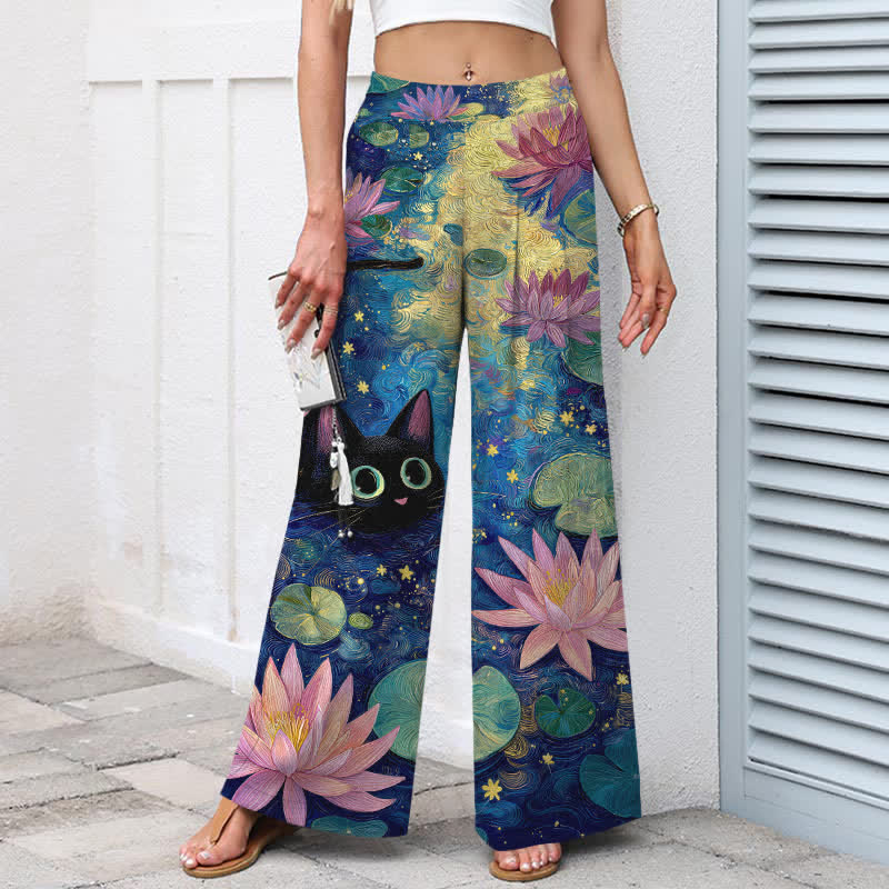Buddha Stones Pantalones de mujer de lino y algodón con estampado floral celestial, gato y loto, cintura elástica, pernera ancha y bolsillos. - image 1
