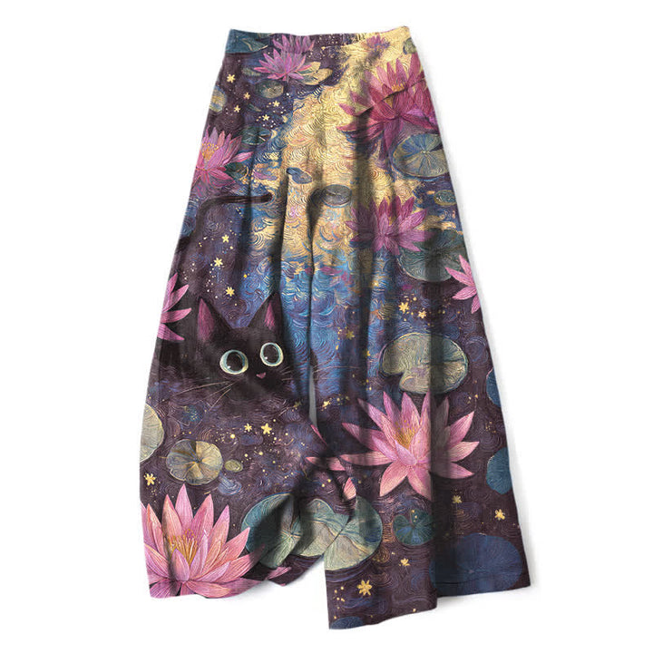 Buddha Stones Pantalones de mujer de lino y algodón con estampado floral celestial, gato y loto, cintura elástica, pernera ancha y bolsillos. - Azul pizarra oscuro - US16，UK/AU20，EU48 (3XL) - image 4