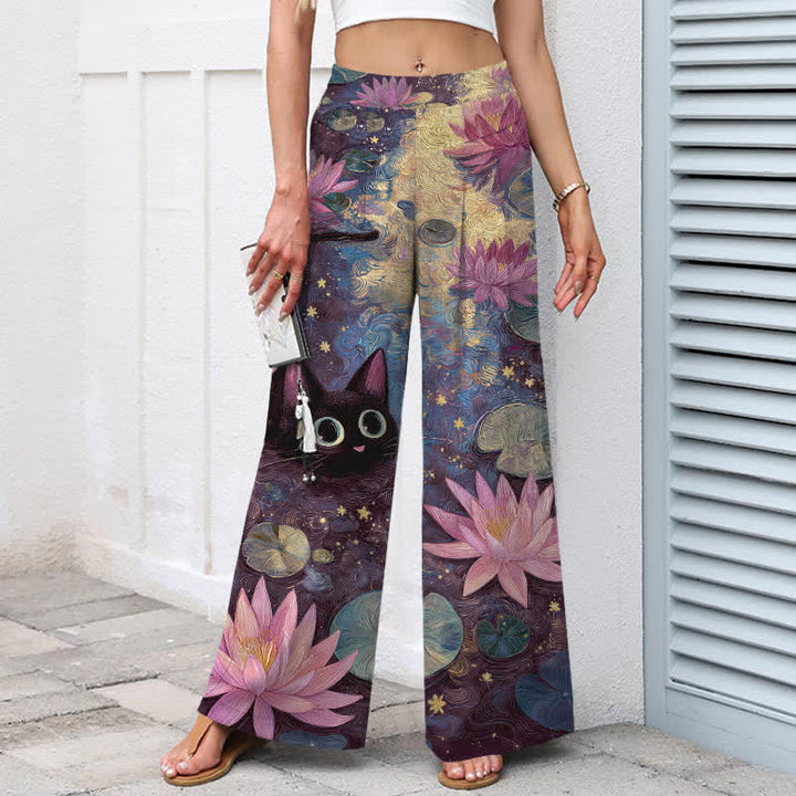Buddha Stones Pantalones de mujer de lino y algodón con estampado floral celestial, gato y loto, cintura elástica, pernera ancha y bolsillos. - image 5
