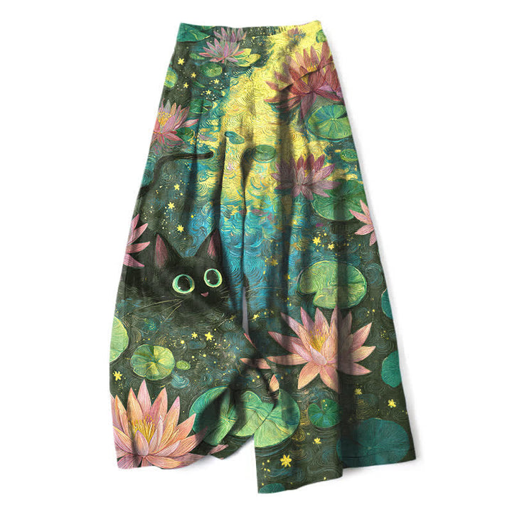 Buddha Stones Pantalones de mujer de lino y algodón con estampado floral celestial, gato y loto, cintura elástica, pernera ancha y bolsillos. - Verde oliva oscuro - US16，UK/AU20，EU48 (3XL) - image 6