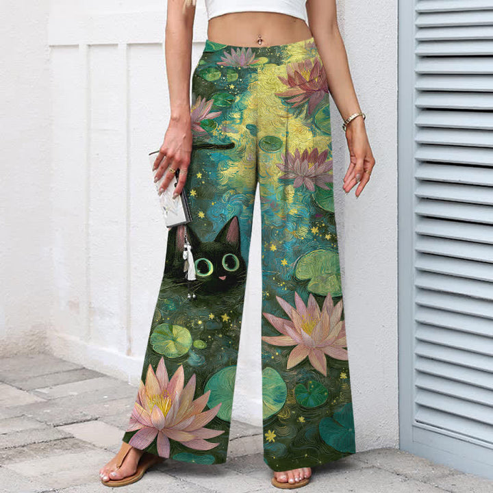 Buddha Stones Pantalones de mujer de lino y algodón con estampado floral celestial, gato y loto, cintura elástica, pernera ancha y bolsillos. - image 7