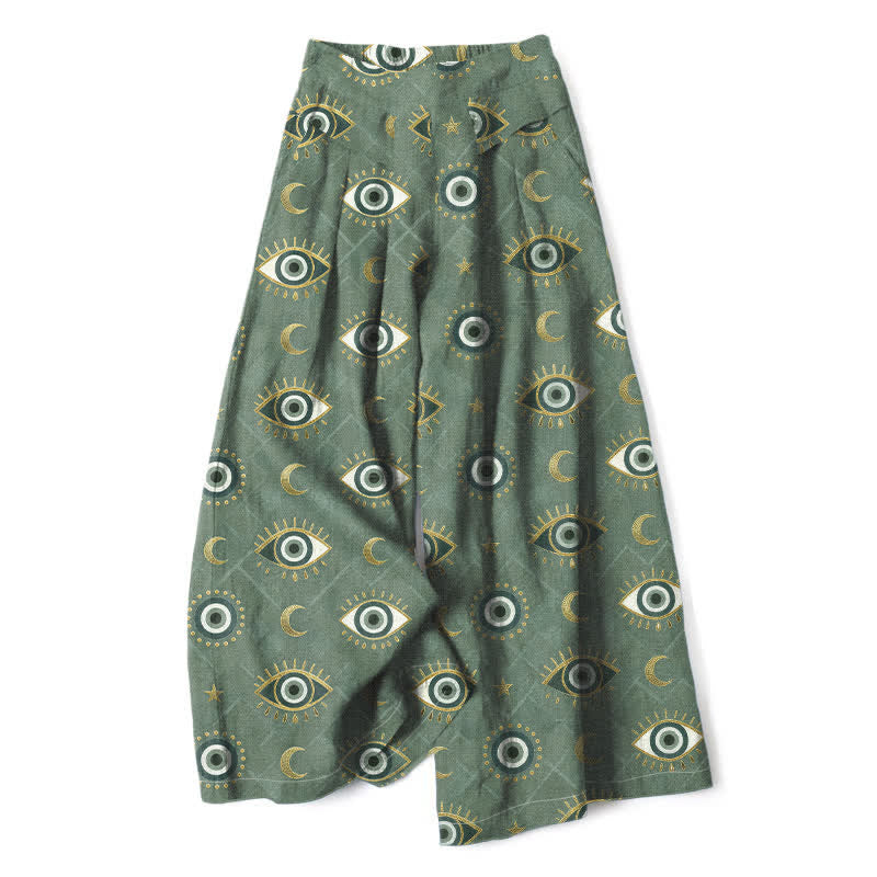 Buddha Stones Pantalones de mujer de lino y algodón con estampado de ojo turco y luna, cintura elástica, pernera ancha y bolsillos. - Verde oliva oscuro - US16，UK/AU20，EU48 (3XL) - image 0