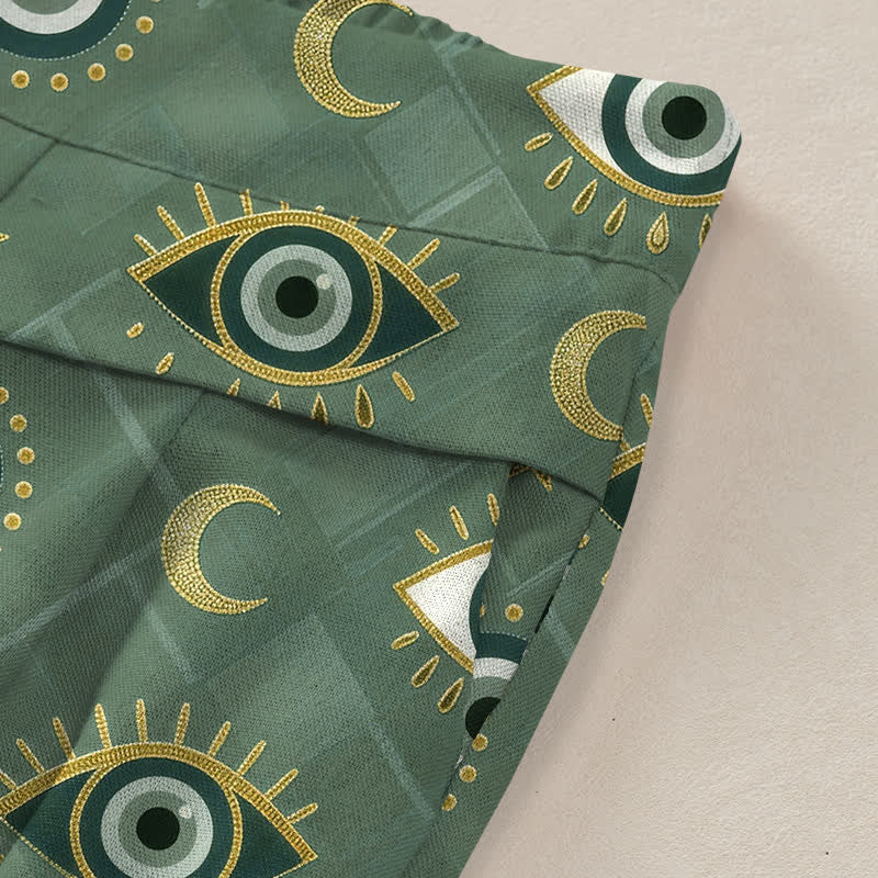 Buddha Stones Pantalones de mujer de lino y algodón con estampado de ojo turco y luna, cintura elástica, pernera ancha y bolsillos. - image 2