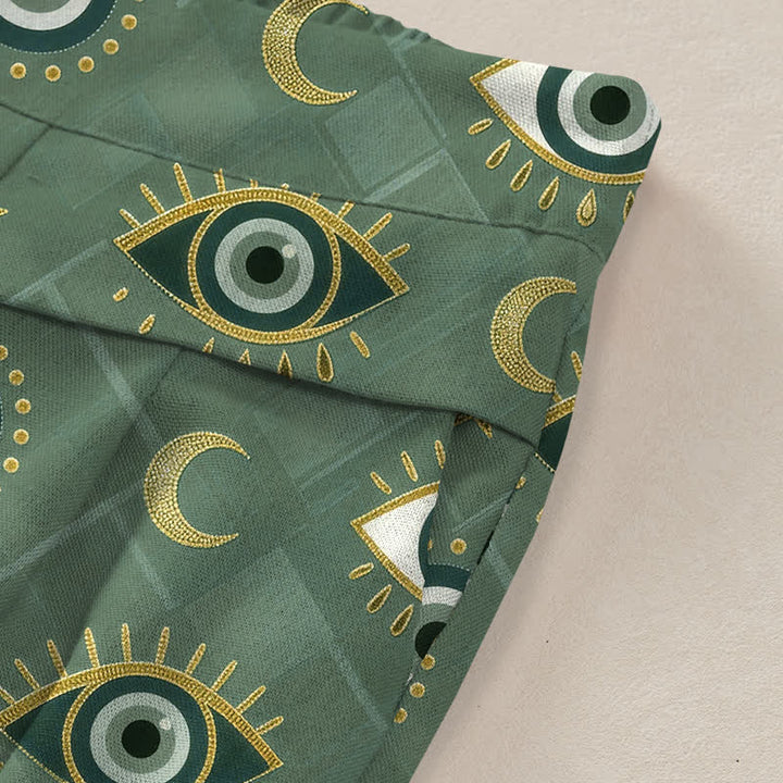 Buddha Stones Pantalones de mujer de lino y algodón con estampado de ojo turco y luna, cintura elástica, pernera ancha y bolsillos. - image 2