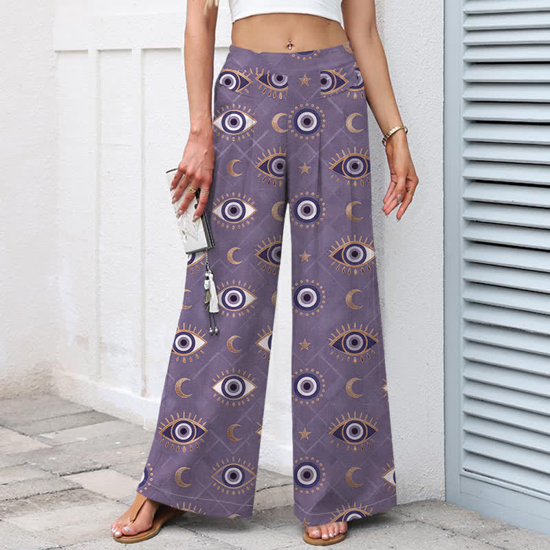 Buddha Stones Pantalones de mujer de lino y algodón con estampado de ojo turco y luna, cintura elástica, pernera ancha y bolsillos. - image 5