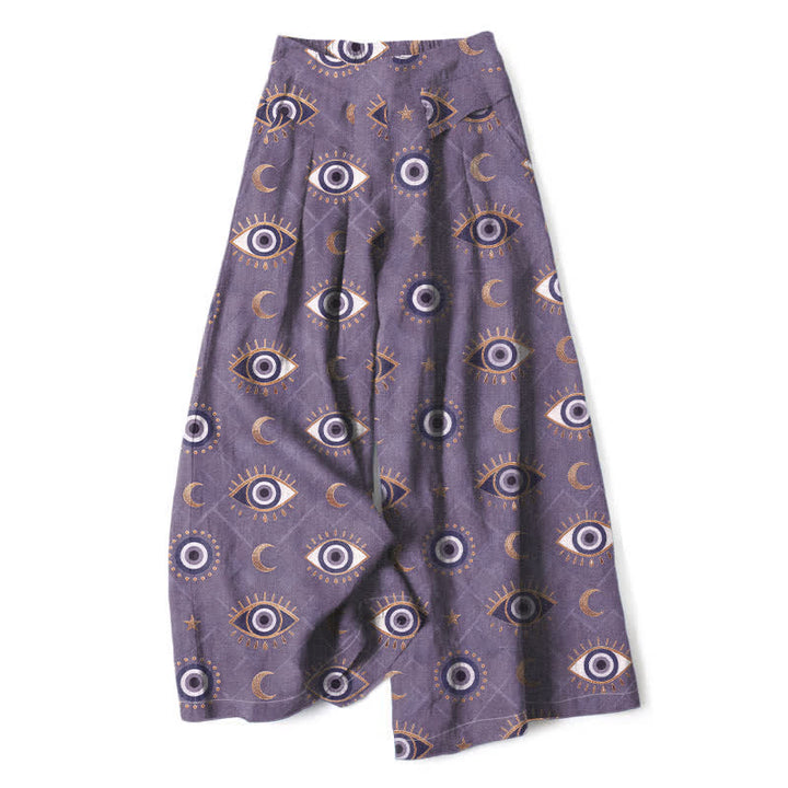 Buddha Stones Pantalones de mujer de lino y algodón con estampado de ojo turco y luna, cintura elástica, pernera ancha y bolsillos. - Morado medio - US16，UK/AU20，EU48 (3XL) - image 4