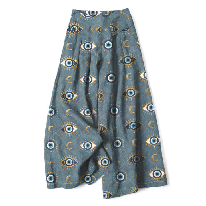 Buddha Stones Pantalones de mujer de lino y algodón con estampado de ojo turco y luna, cintura elástica, pernera ancha y bolsillos. - Azul acero claro - US16，UK/AU20，EU48 (3XL) - image 6