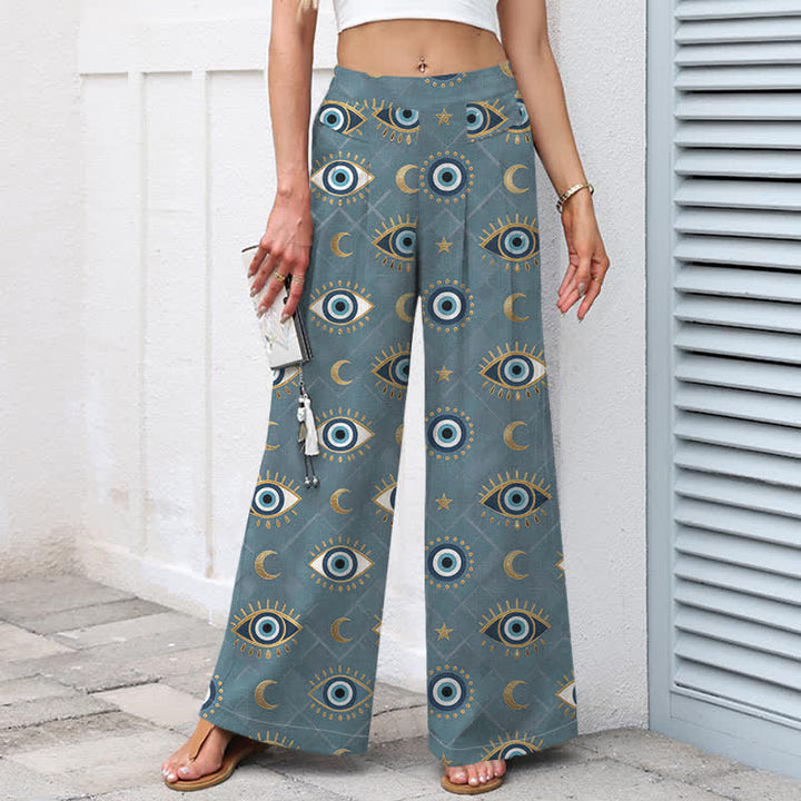 Buddha Stones Pantalones de mujer de lino y algodón con estampado de ojo turco y luna, cintura elástica, pernera ancha y bolsillos. - image 7