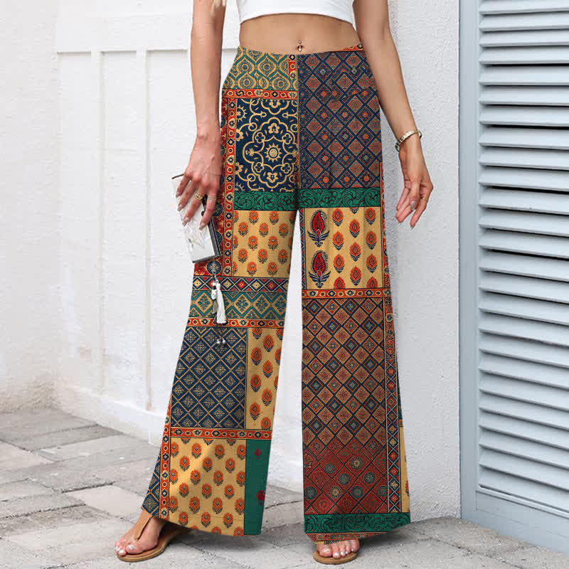 Buddha Stones Pantalones de mujer de lino y algodón con estampado floral vintage, cintura elástica, pernera ancha y bolsillos. - image 1