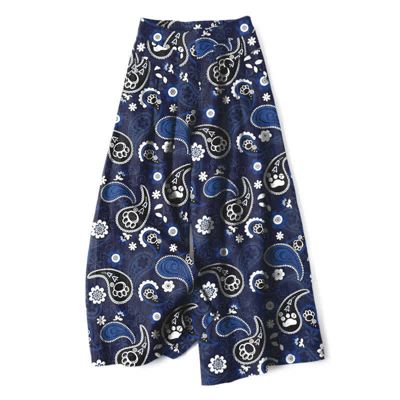 Buddha Stones Pantalones de mujer de lino y algodón con estampado floral paisley vintage, cintura elástica, pernera ancha y bolsillos. - Marina de guerra - US16，UK/AU20，EU48 (3XL) - image 0