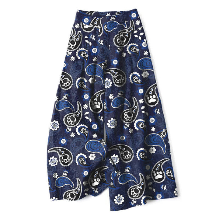 Buddha Stones Pantalones de mujer de lino y algodón con estampado floral paisley vintage, cintura elástica, pernera ancha y bolsillos. - Marina de guerra - US16，UK/AU20，EU48 (3XL) - image 0