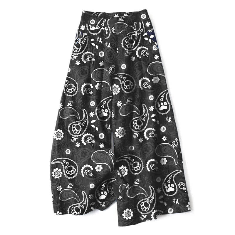 Buddha Stones Pantalones de mujer de lino y algodón con estampado floral paisley vintage, cintura elástica, pernera ancha y bolsillos. - Negro - US16，UK/AU20，EU48 (3XL) - image 4