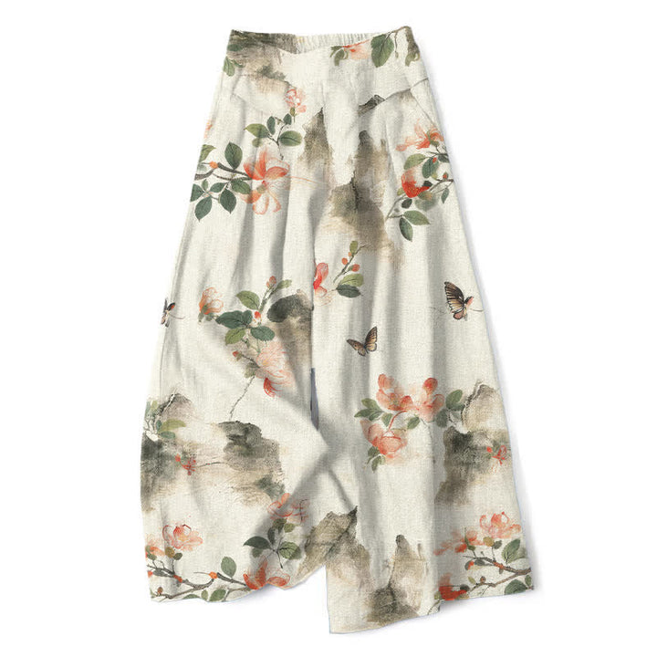 Buddha Stones Pantalones de mujer de lino y algodón con estampado floral vintage, cintura elástica, pernera ancha y bolsillos. - Marfil - US16，UK/AU20，EU48 (3XL) - image 0