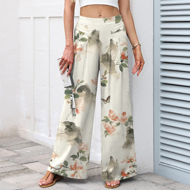 Buddha Stones Pantalones de mujer de lino y algodón con estampado floral vintage, cintura elástica, pernera ancha y bolsillos. - image 1