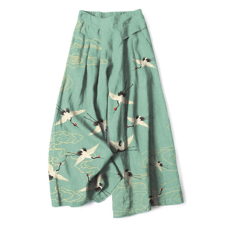 Buddha Stones Pantalones de mujer de algodón y lino con estampado vintage de grullas y nubes, cintura elástica, pernera ancha y bolsillos. - Aguamarina medio - US16，UK/AU20，EU48 (3XL) - image 0