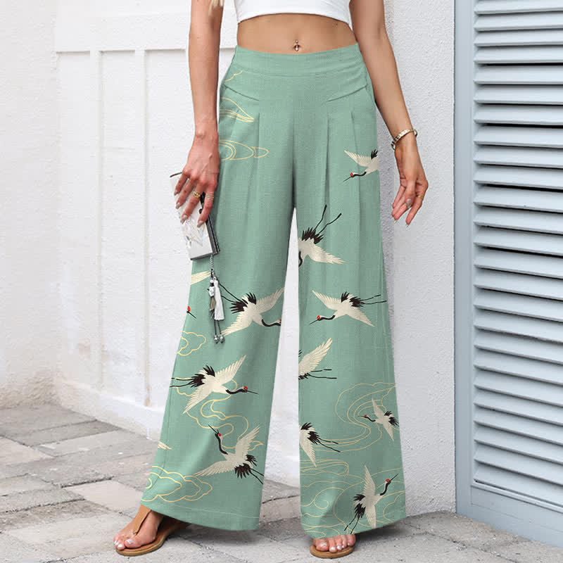 Buddha Stones Pantalones de mujer de algodón y lino con estampado vintage de grullas y nubes, cintura elástica, pernera ancha y bolsillos. - image 1