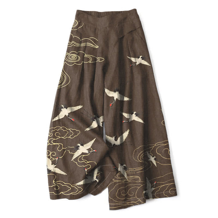 Buddha Stones Pantalones de mujer de algodón y lino con estampado vintage de grullas y nubes, cintura elástica, pernera ancha y bolsillos. - Marrón silla de montar - US16，UK/AU20，EU48 (3XL) - image 4