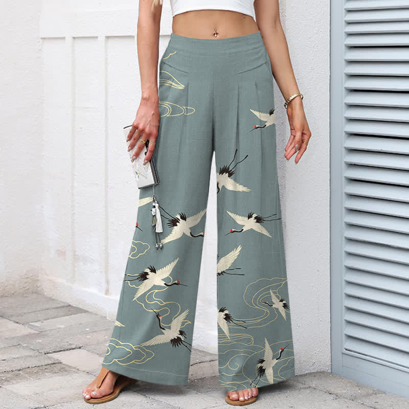 Buddha Stones Pantalones de mujer de algodón y lino con estampado vintage de grullas y nubes, cintura elástica, pernera ancha y bolsillos. - image 7